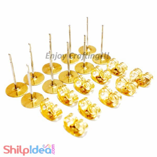Earring Studs With Stoppers - 10 Pairs - Golden
