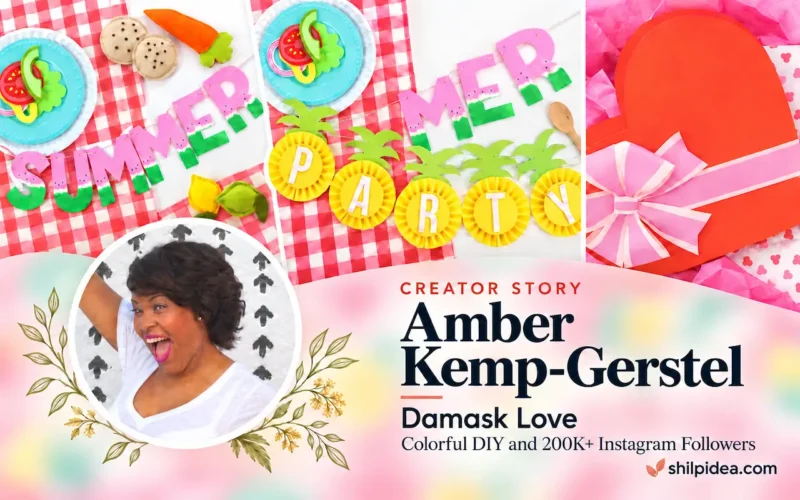 Amber Kemp-Gerstel’s portrait beside colorful Damask Love crafts and a headline highlighting 200K+ Instagram followers in October 2026