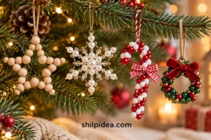 Illustrative beaded Christmas wreath and star ornaments on a holiday craft table