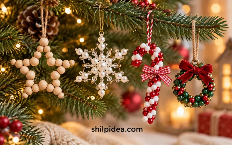Illustrative beaded Christmas wreath and star ornaments on a holiday craft table