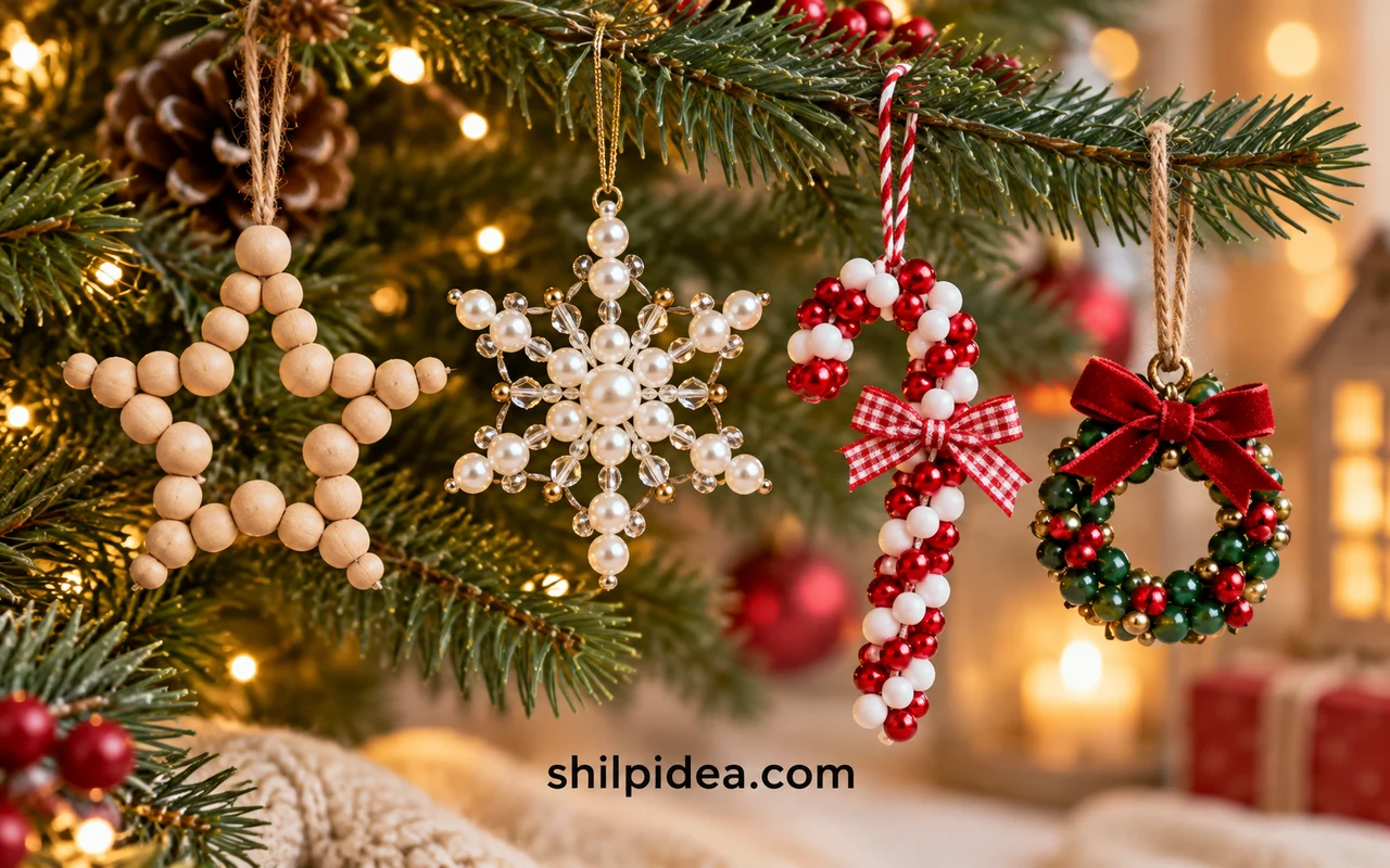 Illustrative beaded Christmas wreath and star ornaments on a holiday craft table