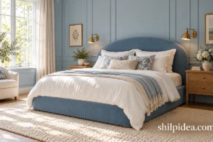 Illustrative blue bedroom with an upholstered bed, cream bedding, warm wood nightstands and brass lighting.