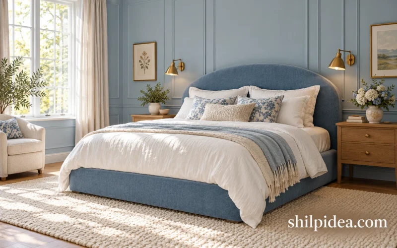 Illustrative blue bedroom with an upholstered bed, cream bedding, warm wood nightstands and brass lighting.