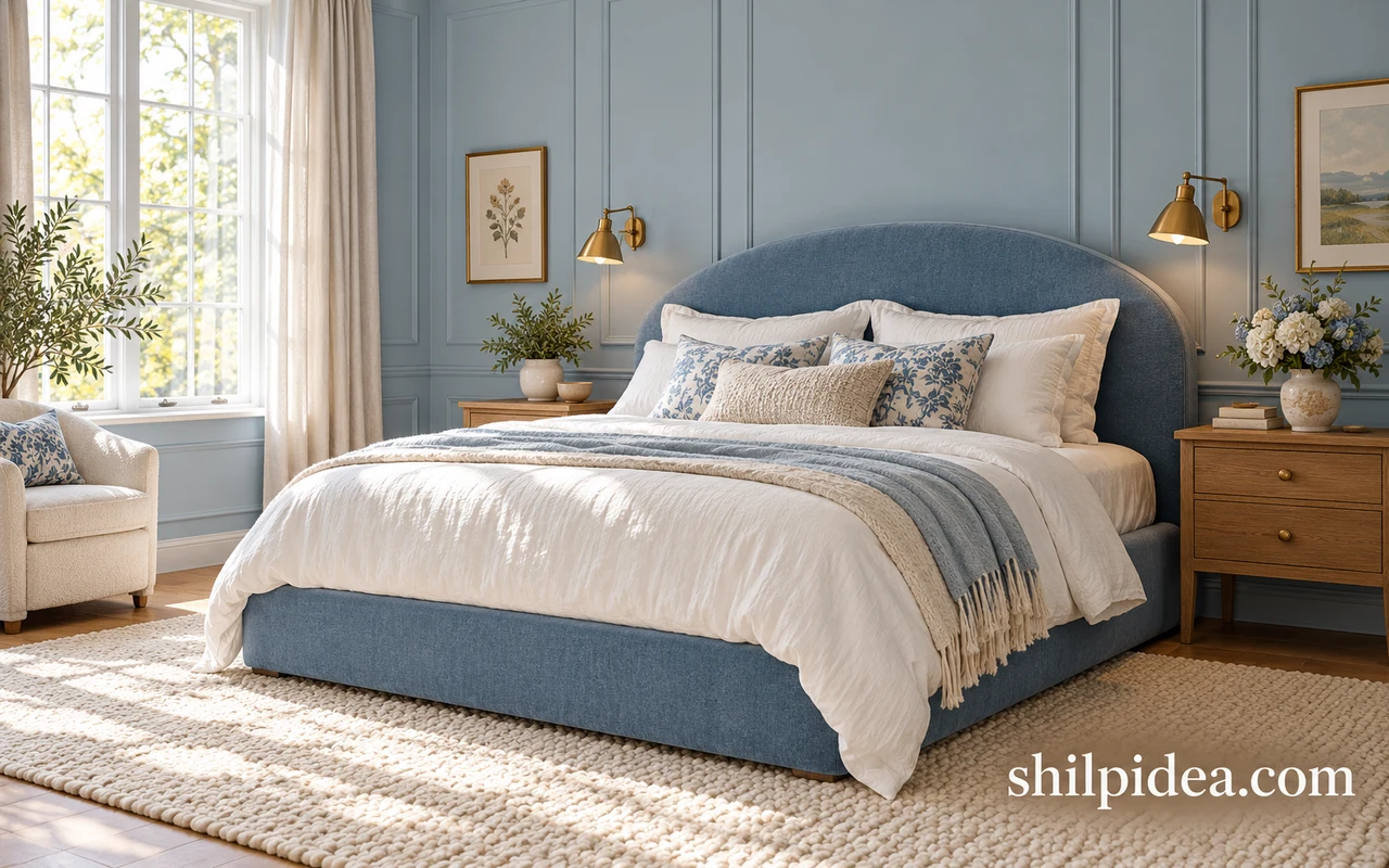 Illustrative blue bedroom with an upholstered bed, cream bedding, warm wood nightstands and brass lighting.