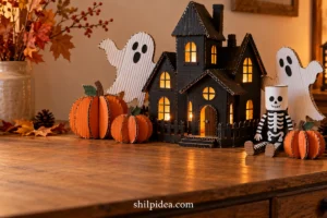 Illustrative Halloween display with a black cardboard haunted house, white ghosts, orange cardboard pumpkins and a tube skeleton.