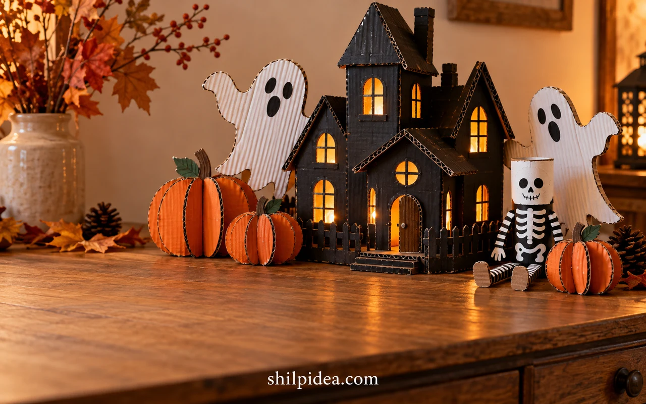 Illustrative Halloween display with a black cardboard haunted house, white ghosts, orange cardboard pumpkins and a tube skeleton.