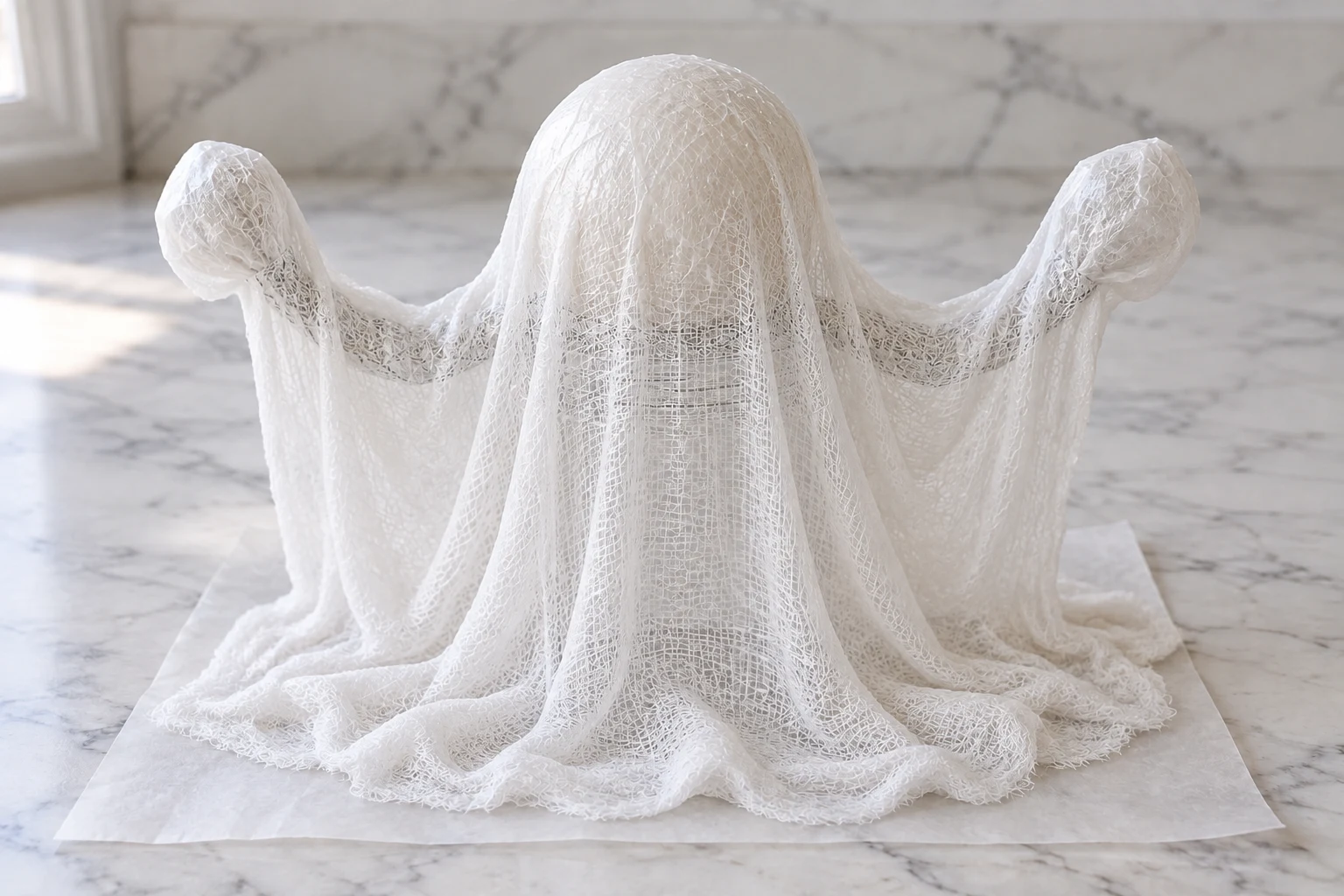 Wet cheesecloth draped over the head and arms with a broad pooled hem.