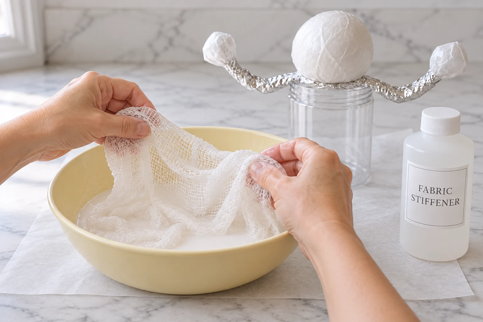 Open-weave cheesecloth being coated with fabric stiffener in a craft bowl.