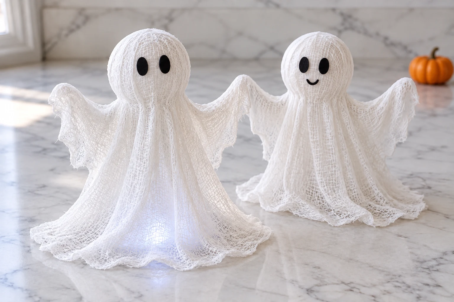 Finished cheesecloth ghosts with small black felt faces on a tabletop.