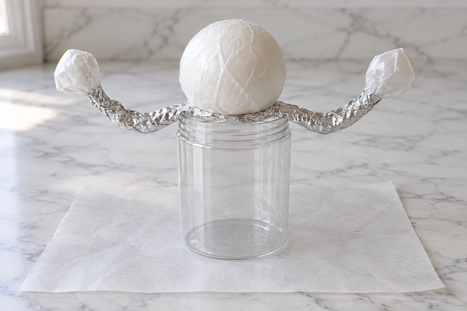 A container supporting a wax-paper-covered foam head and rounded foil arms.