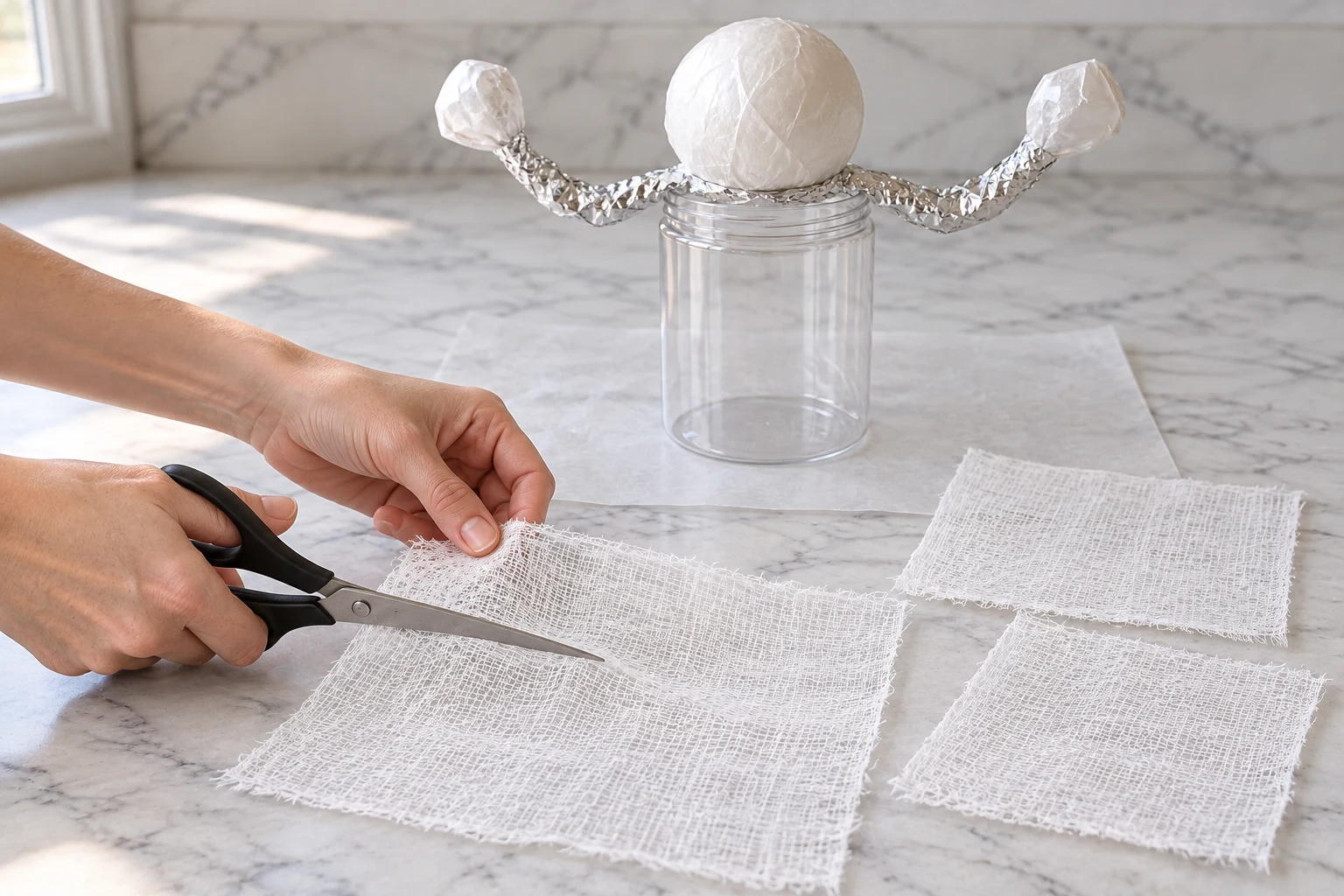 Cheesecloth being measured and cut beside the temporary ghost form.