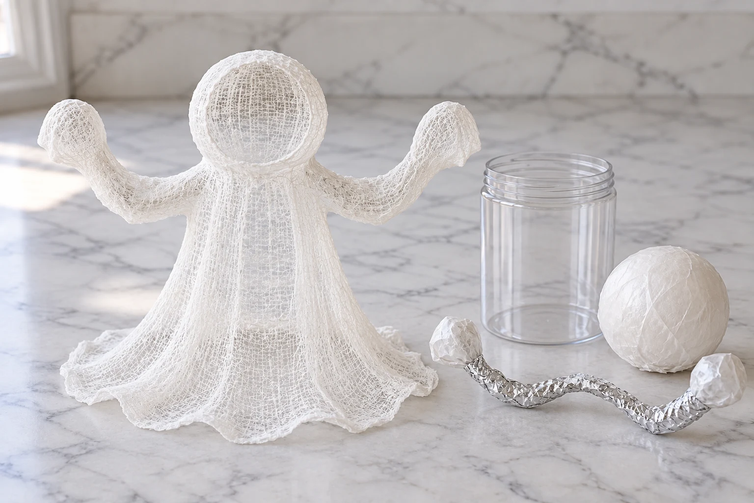 A dry freestanding cheesecloth shell beside its removed temporary supports.