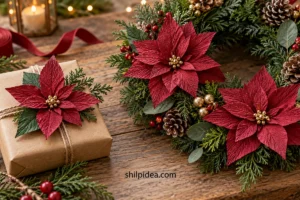 Illustrative red crepe paper poinsettias on a wreath and Christmas gift