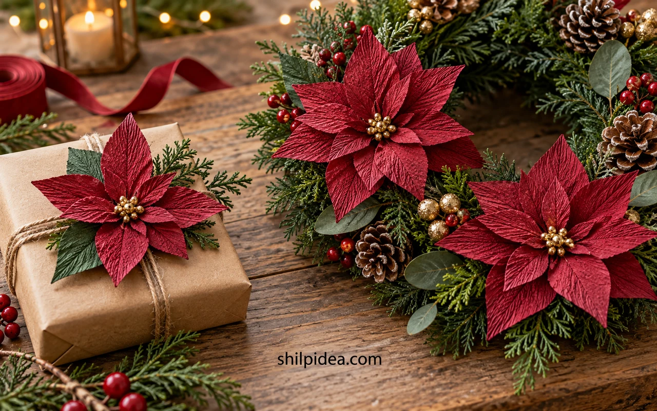 Illustrative red crepe paper poinsettias on a wreath and Christmas gift