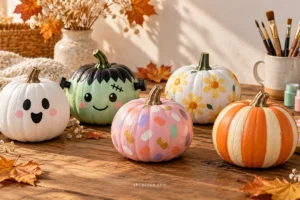 Illustrative tabletop arrangement of ghost, green monster, floral, confetti, and striped painted pumpkins with shilpidea.com branding.