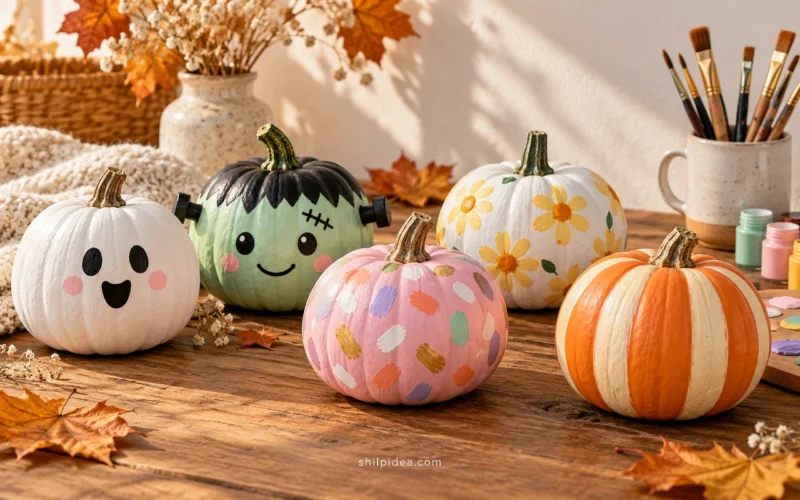 Illustrative tabletop arrangement of ghost, green monster, floral, confetti, and striped painted pumpkins with shilpidea.com branding.