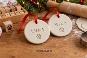 Illustrative air-dry clay pet name ornaments stamped Luna and Milo