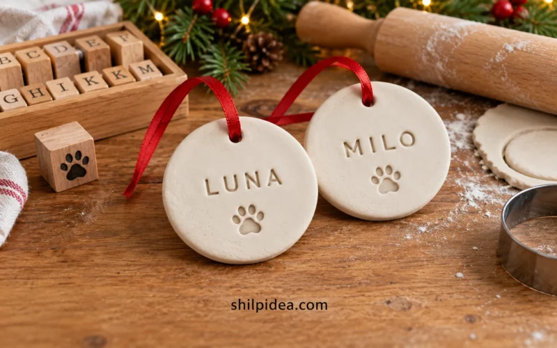 Illustrative air-dry clay pet name ornaments stamped Luna and Milo