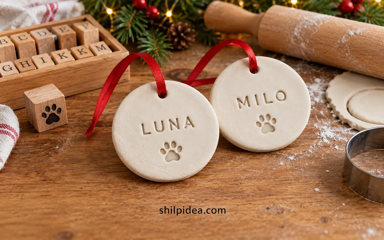 Illustrative air-dry clay pet name ornaments stamped Luna and Milo