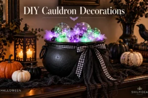Illustrative black cauldron with clear ornament bubbles, soft white fibers, gingham ribbon and purple-green LED lights.