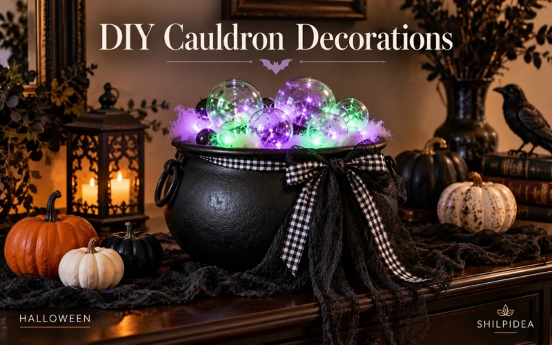 Illustrative black cauldron with clear ornament bubbles, soft white fibers, gingham ribbon and purple-green LED lights.