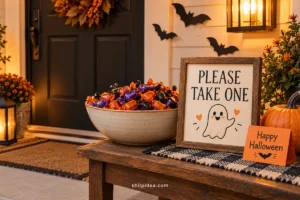 Concept illustration of a framed please-take-one Halloween sign beside a candy bowl on a porch table.