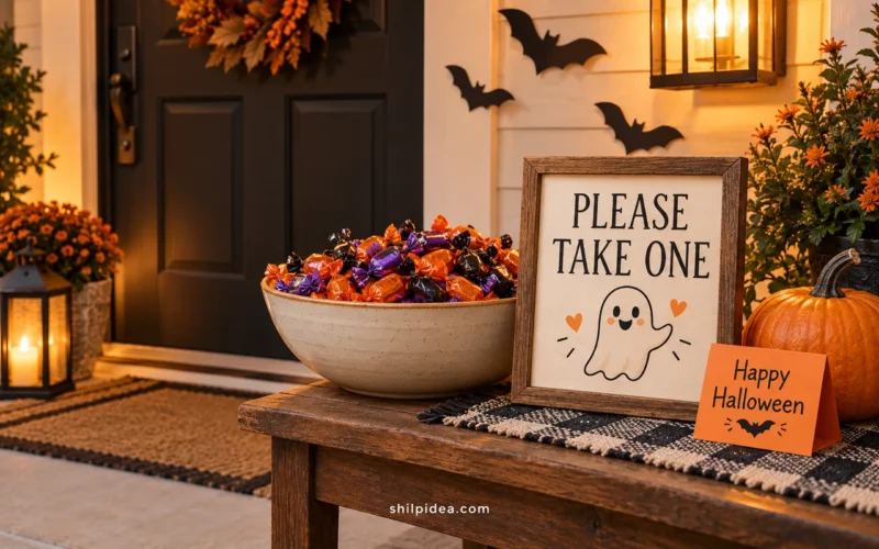 Concept illustration of a framed please-take-one Halloween sign beside a candy bowl on a porch table.