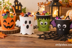 Illustration of Halloween paper-cup candy holders decorated as pumpkins, ghosts, monsters, and bats.
