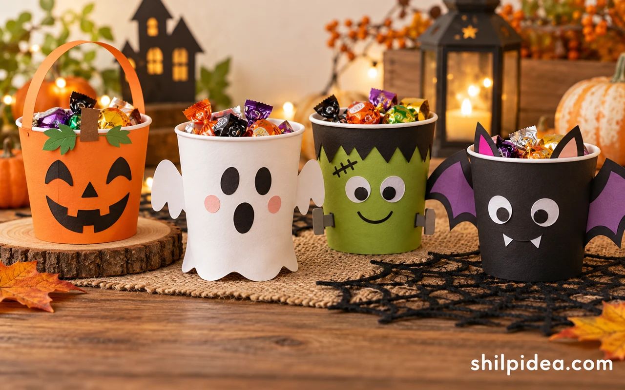 Illustration of Halloween paper-cup candy holders decorated as pumpkins, ghosts, monsters, and bats.