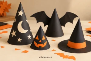 Concept illustration of four black-cardstock Halloween hats with stars, pumpkin faces, bat wings and a witch-hat brim.