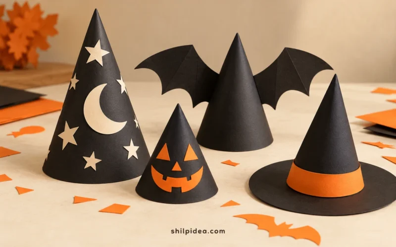 Concept illustration of four black-cardstock Halloween hats with stars, pumpkin faces, bat wings and a witch-hat brim.