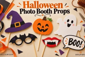 Illustrative cardstock Halloween photo props on sticks including a witch hat, bat glasses, ghost, pumpkin and vampire smile.