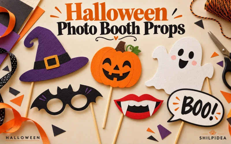 Illustrative cardstock Halloween photo props on sticks including a witch hat, bat glasses, ghost, pumpkin and vampire smile.