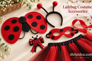 Illustrative flat lay of ladybug costume accessories with red wings, antenna headband, mask, ribbon brooch, and tulle.