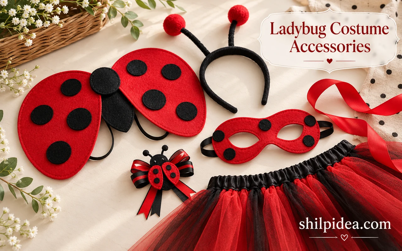 Illustrative flat lay of ladybug costume accessories with red wings, antenna headband, mask, ribbon brooch, and tulle.