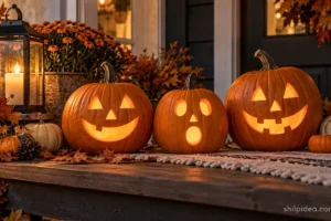 Illustrative carved pumpkins with friendly faces on an autumn porch.