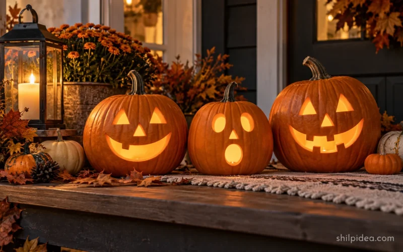 Illustrative carved pumpkins with friendly faces on an autumn porch.