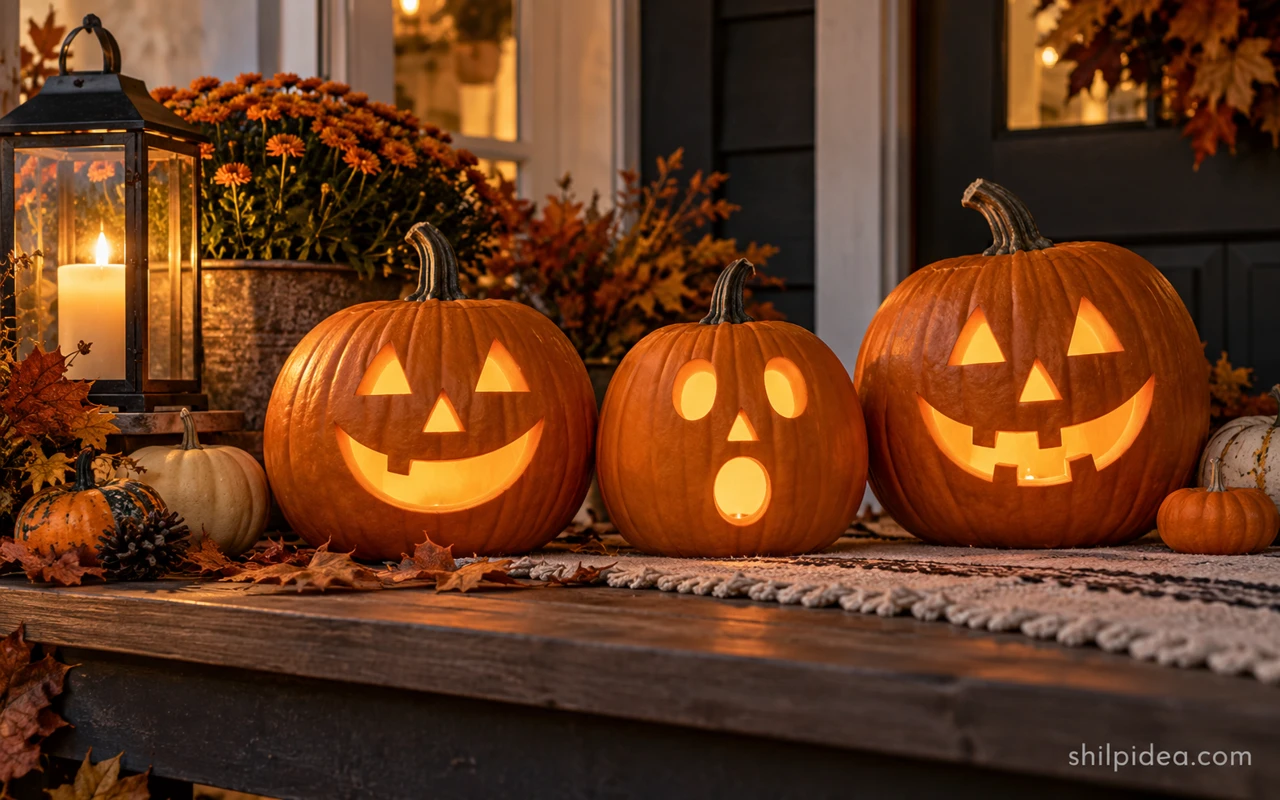 Illustrative carved pumpkins with friendly faces on an autumn porch.