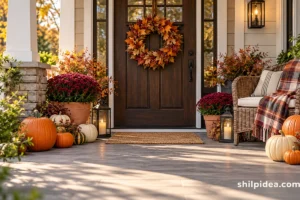 Illustrative fall porch with pumpkins, potted mums, a leaf wreath and a wicker chair.