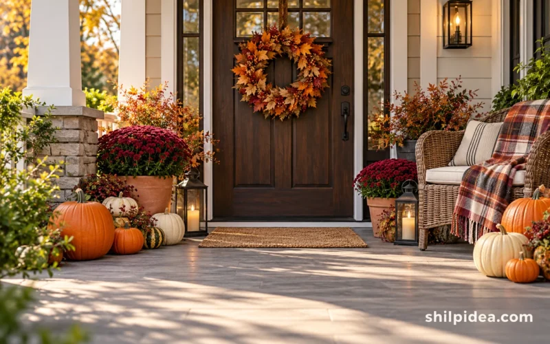 Illustrative fall porch with pumpkins, potted mums, a leaf wreath and a wicker chair.