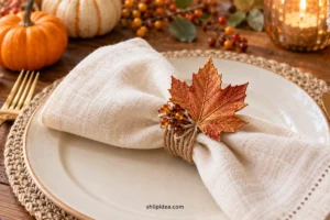 Illustrative copper maple leaf and twine napkin ring on ivory linen at a Thanksgiving table.