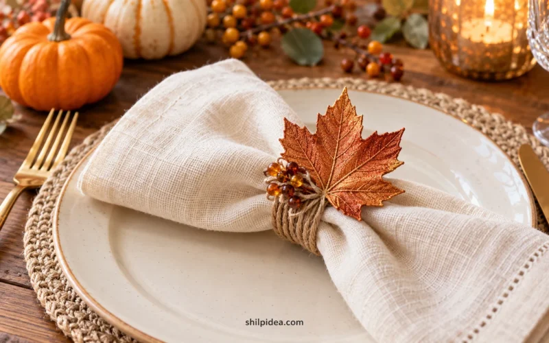 Illustrative copper maple leaf and twine napkin ring on ivory linen at a Thanksgiving table.