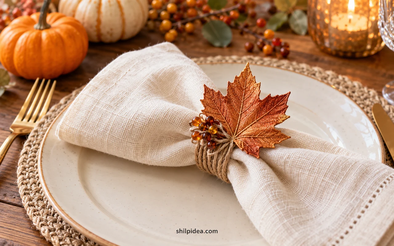 Illustrative copper maple leaf and twine napkin ring on ivory linen at a Thanksgiving table.