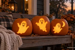 Illustrative carved ghost pumpkins glowing on an autumn porch bench.