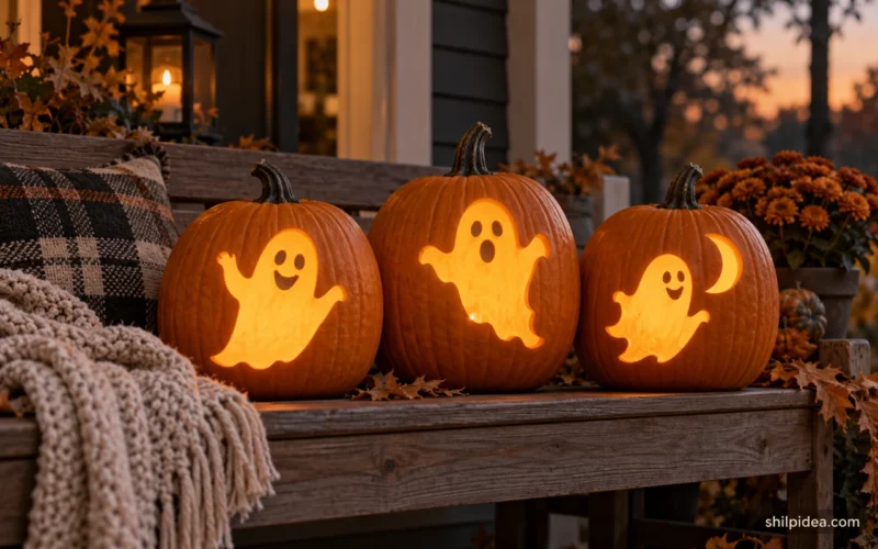 Illustrative carved ghost pumpkins glowing on an autumn porch bench.