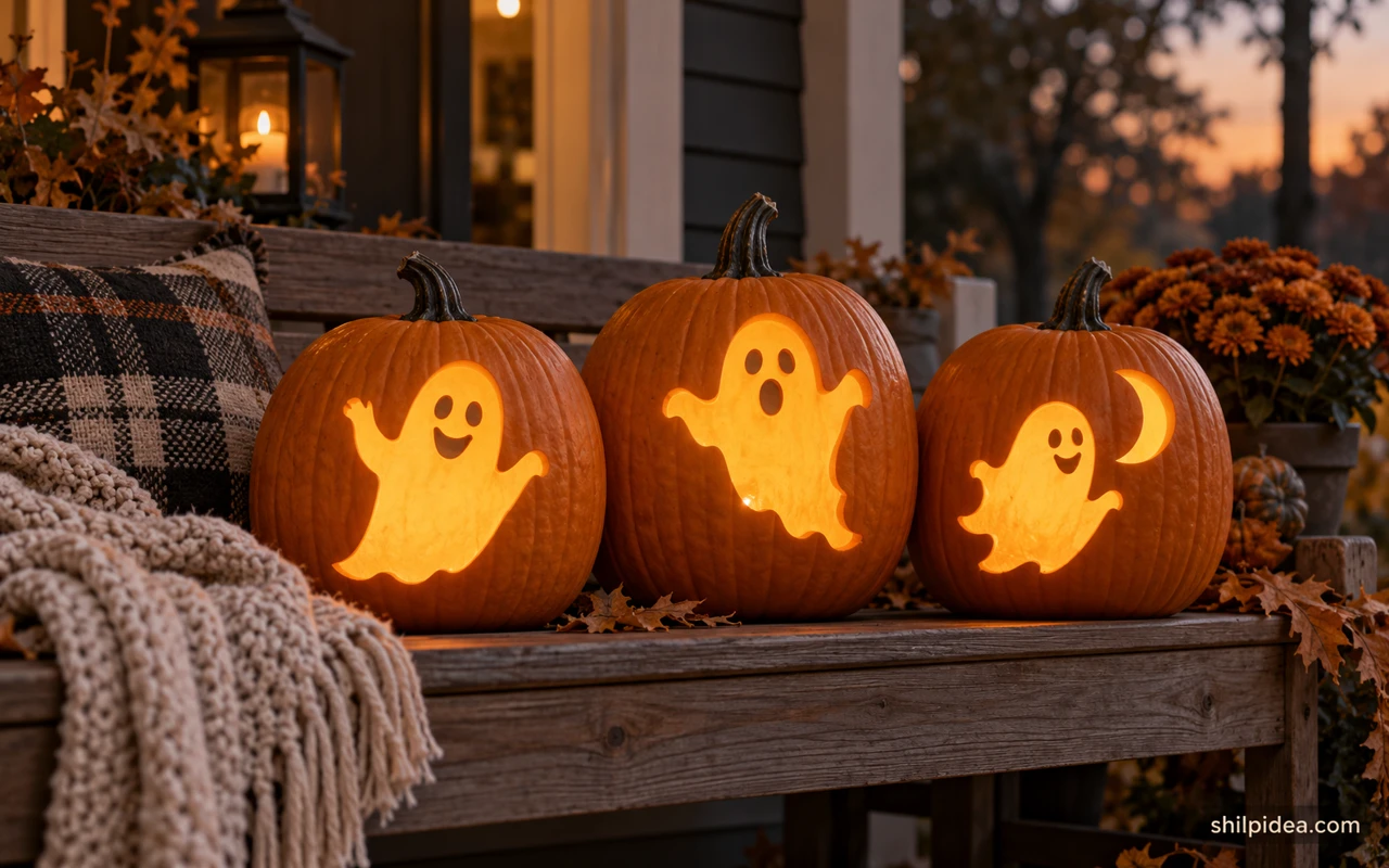 Illustrative carved ghost pumpkins glowing on an autumn porch bench.