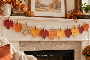 Illustrative paper-leaf gratitude garland clipped across an ivory mantel with Family, Friends, and Home handwritten on leaves.