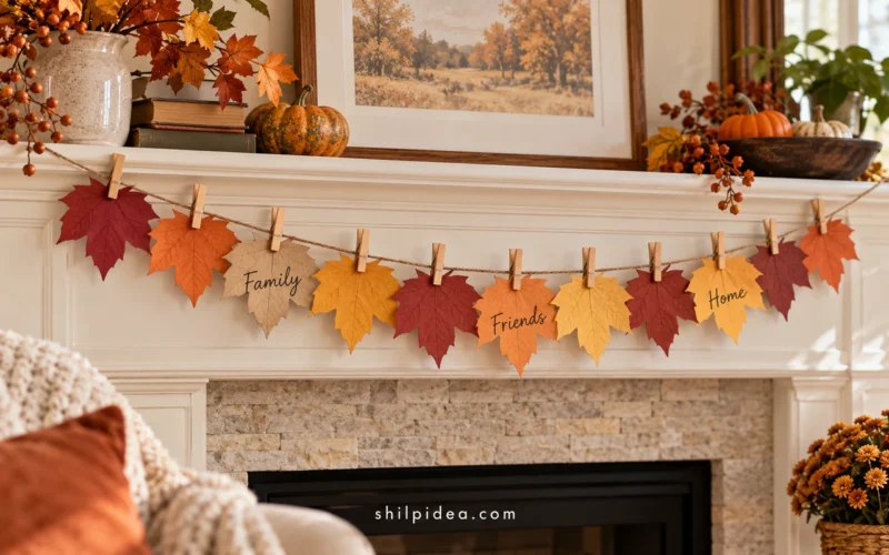 Illustrative paper-leaf gratitude garland clipped across an ivory mantel with Family, Friends, and Home handwritten on leaves.