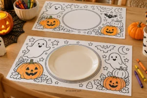 Concept illustration of Halloween coloring placemats with friendly outlined pumpkins and ghosts beside crayons and a plate.