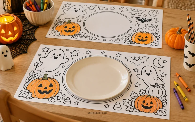 Concept illustration of Halloween coloring placemats with friendly outlined pumpkins and ghosts beside crayons and a plate.